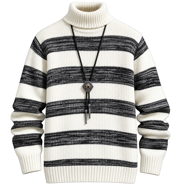 Premium White & Black Striped Turtleneck Sweater