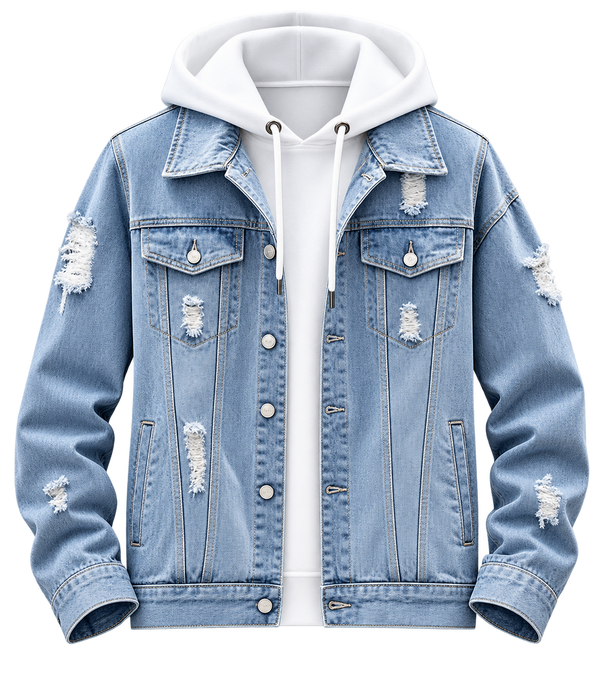 Premium Light Blue Distressed Denim Hooded Jacket