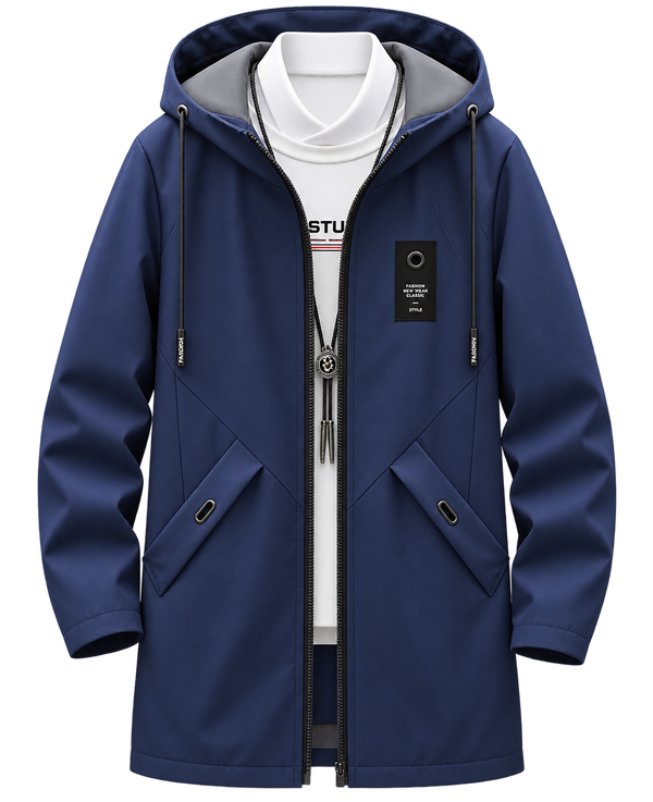 Premium Navy Blue Hooded Long Jacket