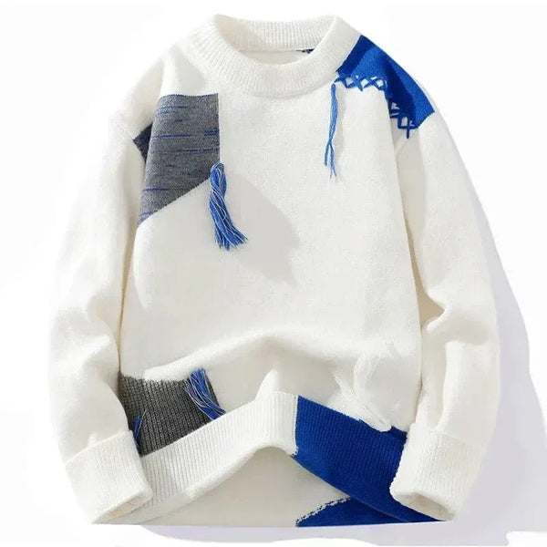 Premium White & Blue Patchwork Knit Sweater
