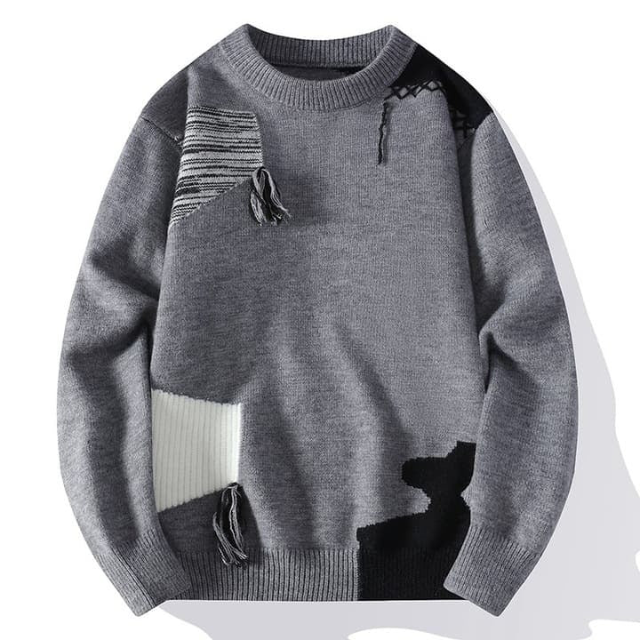 Premium White & Blue Patchwork Knit Sweater