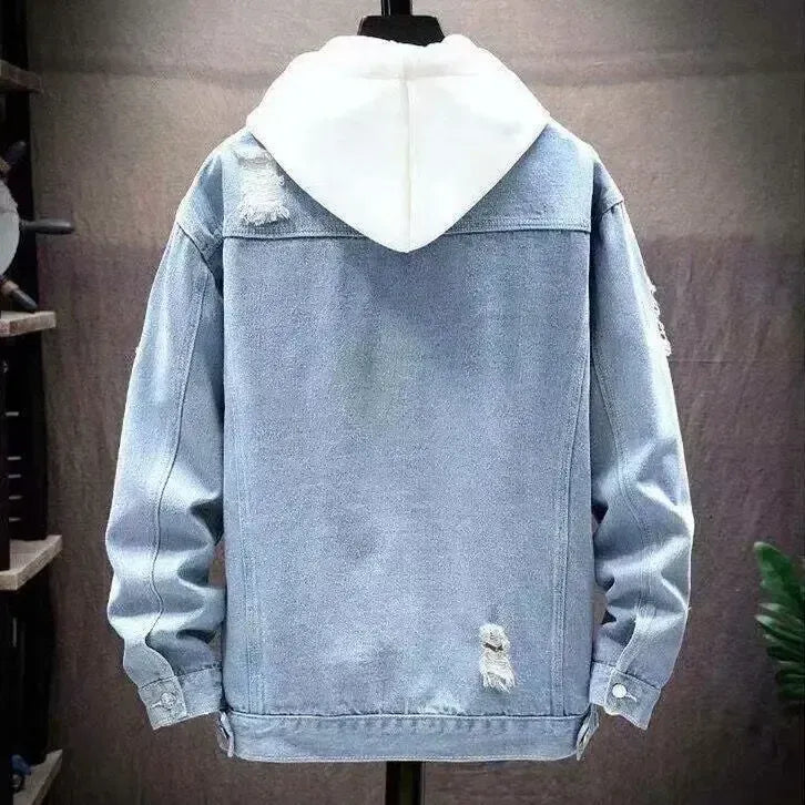 Premium Light Blue Distressed Denim Hooded Jacket