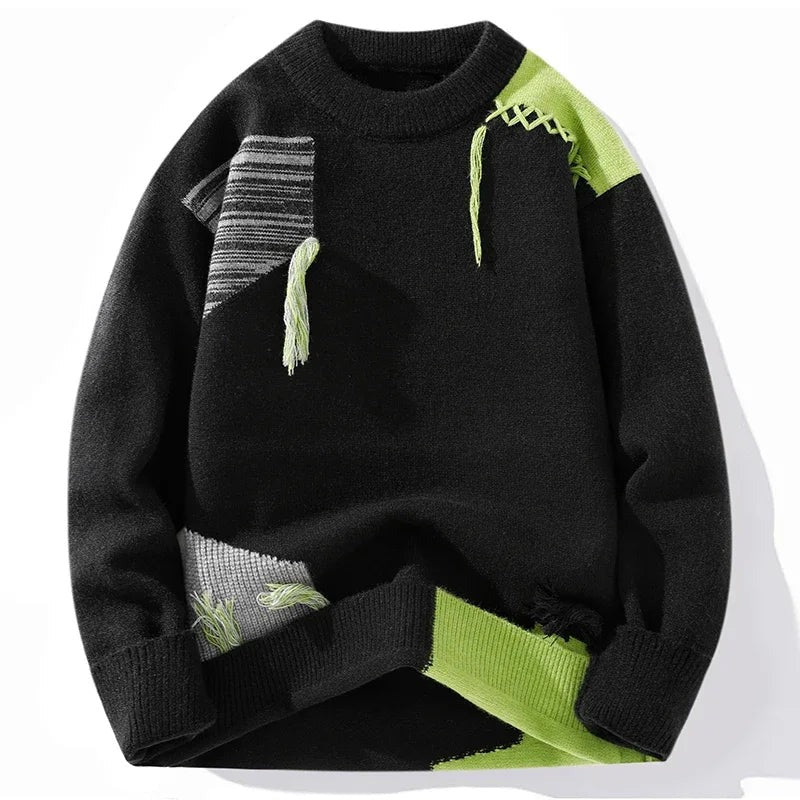 Premium White & Blue Patchwork Knit Sweater